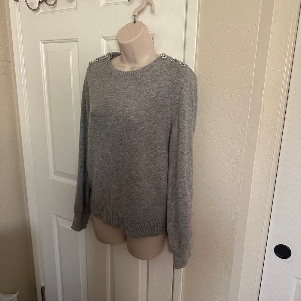 $118 J. Crew Crewneck Sweater with Jeweled Buttons Wool blend, Gray, M, Medium - Picture 4 of 11